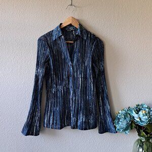 Apt. 9 Y2K Retro Career Chic Blue Multi Pleated Button-Down Blouse Size M